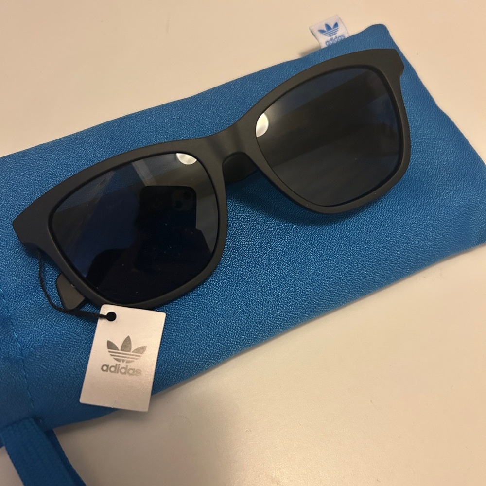 Adidas Matte Black Sunglasses with Vibrant Blue Pouch - NWT